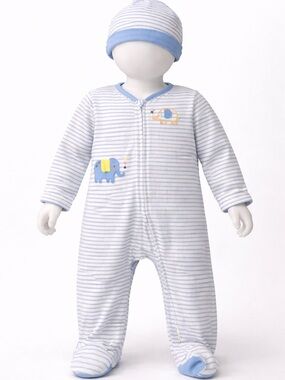 Blue & White Striped Baby Sleeper with Elephant Appliqués size 9months